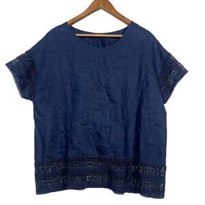 For Cynthia Linen Tunic Top Navy Blue Short Sleeve Lace Hem - XL